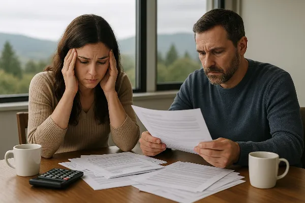 An image depicting a worried couple sitting at a table cluttered with legal documents, calculators, and coffee cups. The woman, holding her head in her hands, looks distressed while the man appears deep in thought as he examines a document. In the backgro