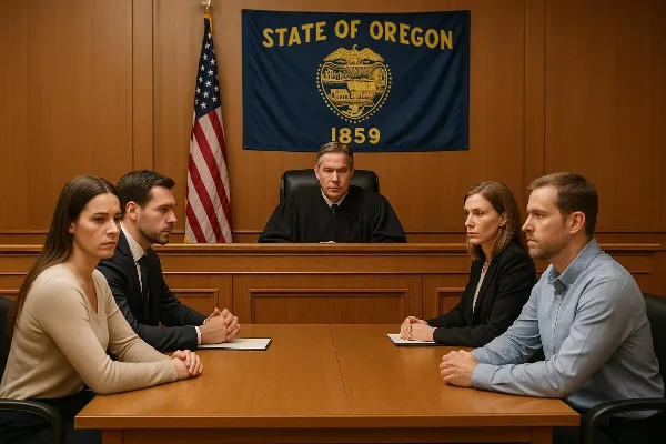 Image of a courtroom with two parents sitting at separate tables, each accompanied by their respective attorneys. The judge is seated at the bench, attentively listening to the proceedings. In the background, a large Oregon state flag is visible on the wa