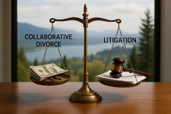 An image depicting a balanced scale, symbolizing the comparison between Collaborative Divorce and Litigation. On one side of the scale, there are dollar bills and coins, representing the cost savings associated with Collaborative Divorce. On the other sid
