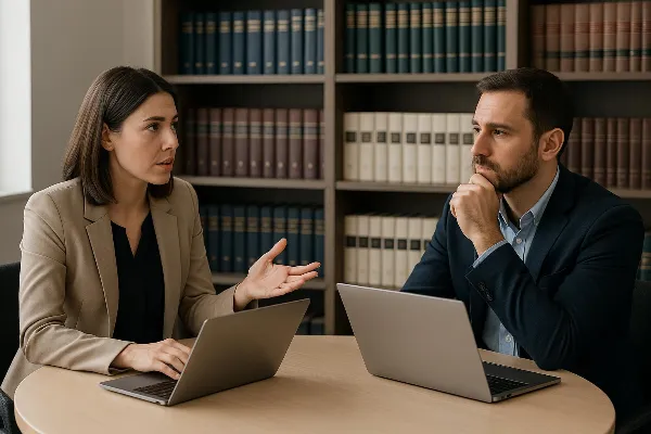 An image shows two professional individuals, a man and a woman, sitting at a round table in an office setting. They are engaged in a discussion with open laptops in front of them. The woman is gesturing with her hand, emphasizing a point, while the man li