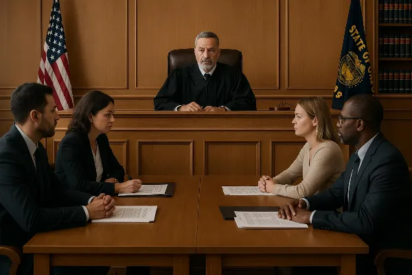 A detailed image of a courtroom setting with a judge seated at the bench, symbolizing the legal process involved in determining spousal support in Oregon. In the foreground, two individuals, representing divorcing spouses, are seated at separate tables wi