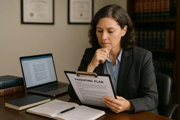An image of a thoughtful and professional legal consultant sitting at a desk, reviewing a detailed parenting plan document. The desk is organized with law books, a laptop displaying legal software, and notepads filled with handwritten notes. In the backgr