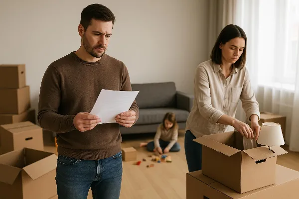 A couple stands in a living room, surrounded by moving boxes. One person looks contemplative, holding a piece of paper that appears to be legal documents, while the other is packing items into a box. The room is sparsely furnished, suggesting they are in