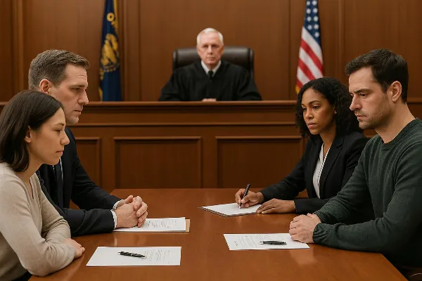 An image depicting a solemn courtroom scene with two individuals, presumably former domestic partners, sitting on opposite sides of a legal table. They are accompanied by their respective attorneys, who are engaged in discussion. The background shows a ju