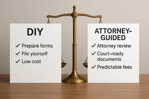 An image showing a split-screen comparison between DIY and attorney-guided uncontested divorce processes in Oregon. On the left, under "DIY," there is a checklist with items like "Prepare forms," "File yourself," and "Low cost." On the right, under "Attor