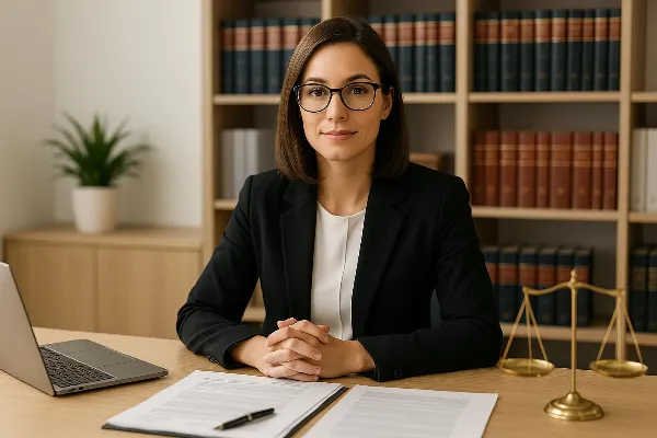 A confident attorney in a well-lit office, wearing professional attire, sits at a desk covered with legal documents and a laptop. The attorney appears focused and engaged, as if discussing important legal matters related to family law. On the wall behind