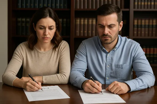 An image showing a couple seated at a table, each holding a pen and reviewing legal documents. The setting suggests a formal yet approachable environment, with the focus on the papers detailing divorce proceedings. In the background, there are shelves fil