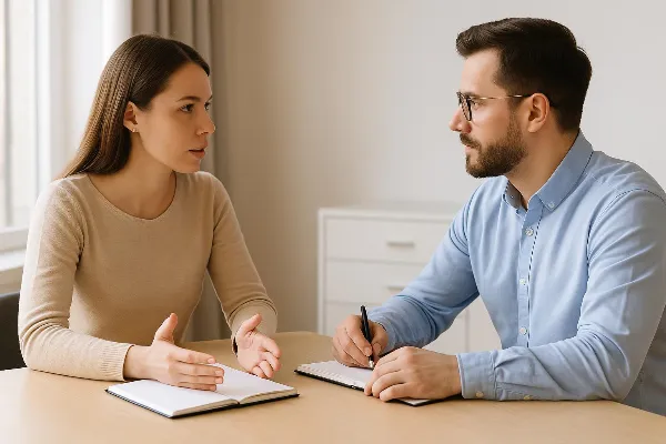 An image of two parents sitting at a table, engaged in a calm and focused discussion. The setting is neutral and business-like, with both individuals having notepads and pens in front of them. They appear to be actively listening to each other, demonstrat