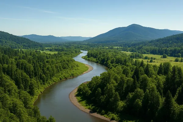 A serene Oregon landscape with a winding river and lush greenery under a clear blue sky, symbolizing the journey through divorce. The tranquil setting represents hope and the potential for new beginnings despite emotional turbulence, aligning with themes