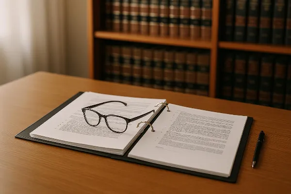An image of a professional-looking office setting with a wooden table, on which lies an open legal binder filled with neatly organized documents. A pair of reading glasses rests on the binder, and a pen is placed beside it. In the background, there is a g