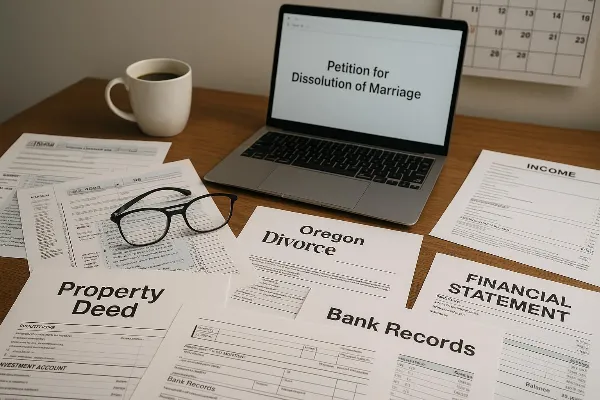 An image of a cluttered desk filled with various personal and financial documents, illustrating the complexities of divorce proceedings in Oregon. The documents include tax returns, income records, financial statements, property deeds, vehicle titles, inv