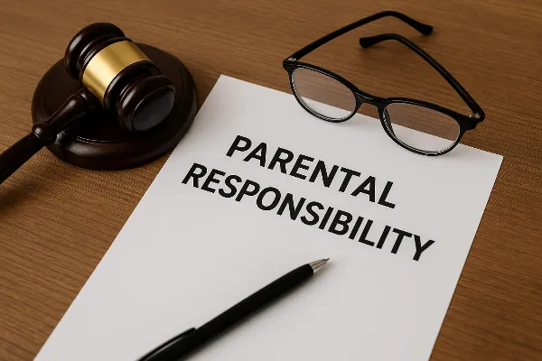 A gavel rests on a legal document titled "Parental Responsibility" alongside a pair of eyeglasses. The image symbolizes the shift in family law terminology from traditional terms like "custody" to more collaborative concepts such as "parental responsibili
