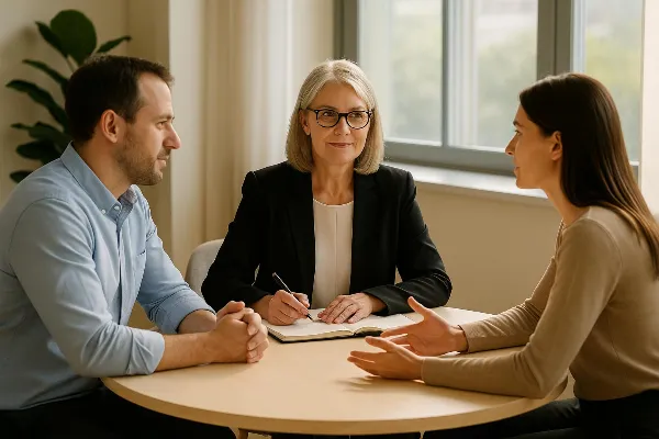 An image showing a peaceful, sunlit office setting where two individuals, a man and a woman, are seated across from each other at a round table. Both have relaxed postures and are engaged in conversation. A middle-aged woman, likely an attorney or mediato