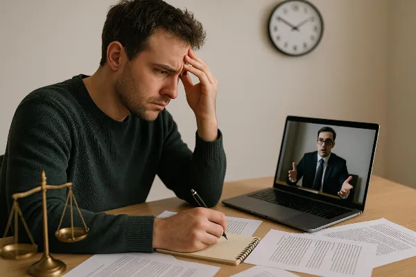 A concerned individual sits at a desk, surrounded by scattered legal documents and a laptop displaying a video call with an attorney. The person appears to be taking notes, highlighting the importance of clear communication and transparency in legal proce