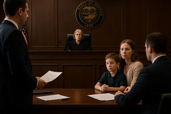 An image depicting a solemn courtroom scene in Oregon, where a judge is presiding over a child restraining order case. The setting includes the judge seated at the bench, with legal professionals and concerned family members present. The atmosphere is ser