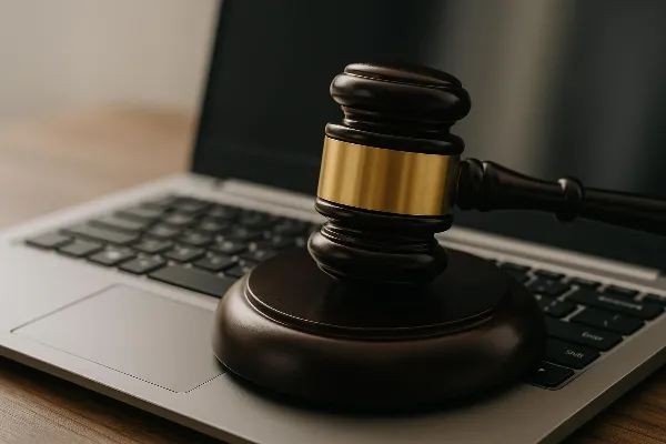 An image of a gavel resting on a laptop keyboard, symbolizing the intersection of law and digital technology. The background is blurred to focus on the gavel, representing legal authority, while the laptop signifies online activity's role in modern divorc