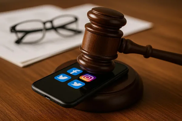 An image of a gavel resting on top of a smartphone displaying various social media app icons, including Facebook, Instagram, and Twitter. The background features blurred legal documents and a pair of eyeglasses, symbolizing the intersection of social medi