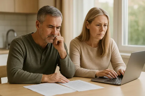 An image of a thoughtful middle-aged couple sitting at a kitchen table, surrounded by paperwork and a laptop. The man is holding his chin while looking at the documents in front of him, and the woman appears to be reading information on the laptop screen.