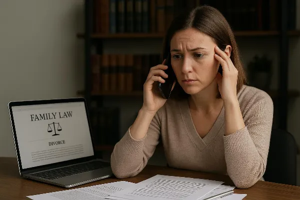 A concerned individual sits at a desk cluttered with legal documents, holding a phone to their ear. Their expression is one of contemplation and concern, suggesting they are in the midst of an important conversation about their legal representation. A lap