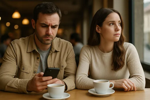 A thoughtful image showing a couple sitting at a café table, each with a cup of coffee in hand. The man is looking down at his phone with a concerned expression, while the woman gazes out the window, appearing contemplative. The background shows soft ligh