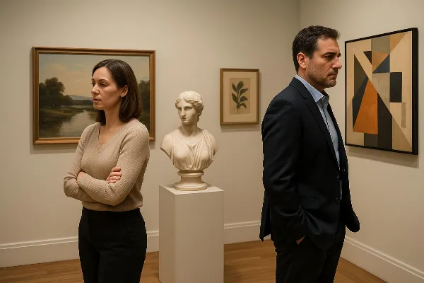 A photograph depicting a couple in a sophisticated art gallery, symbolizing the division of art and collectibles during divorce proceedings. The couple stands apart, each looking thoughtfully at different pieces of artwork on display. The gallery features