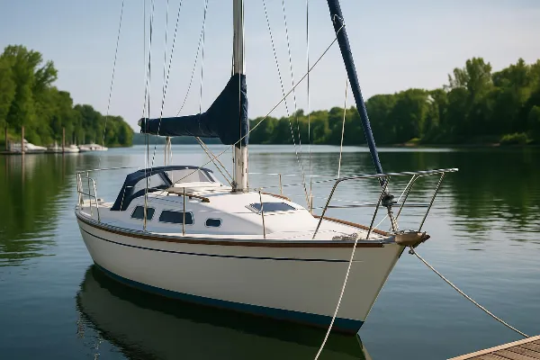 An image of a sailboat docked at a serene marina, surrounded by calm waters and lush greenery. The boat, painted in a classic white with blue trim, symbolizes the complexities of asset division in an Oregon divorce case. The clear sky and tranquil setting