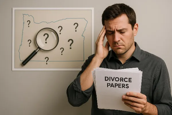 An illustration of a frustrated individual holding a stack of legal documents, symbolizing the challenge of serving divorce papers to an unlocatable spouse in Oregon. The background features a map with question marks scattered across it, representing the
