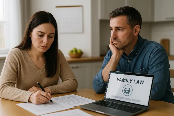 A concerned couple sitting at a kitchen table with legal documents spread out in front of them. The woman is holding a pen, appearing focused on the paperwork, while the man looks thoughtfully at her. A laptop displaying a family law website is open next