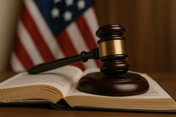Image of a gavel resting on top of an open law book, symbolizing the legal processes involved in navigating spousal support payments under Oregon law post-TCJA. The background shows a blurred American flag, representing the federal changes brought by the