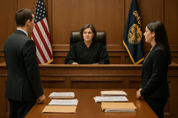 Image of a courtroom setting in Oregon, illustrating the legal environment where decisions on parental rights and adoption are made. The scene includes a judge seated at the bench, wearing traditional judicial robes, with an attentive expression. Attorney