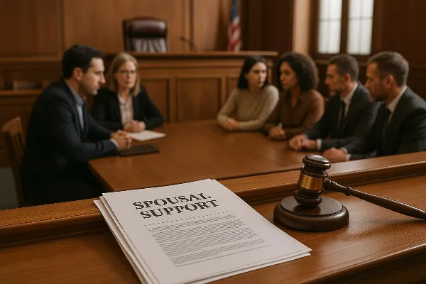 A solemn courtroom setting in Oregon, featuring a wooden judge's bench and chairs. On the bench are legal documents pertaining to spousal support, with a gavel prominently placed beside them. In the foreground, two individuals, representing opposing sides