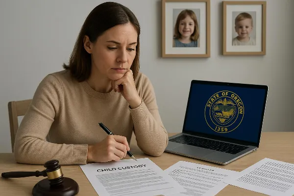 An image depicting a thoughtful parent sitting at a table, surrounded by family law documents and a laptop displaying the Oregon state seal. The parent is holding a pen and appearing focused, symbolizing the careful consideration and planning involved in