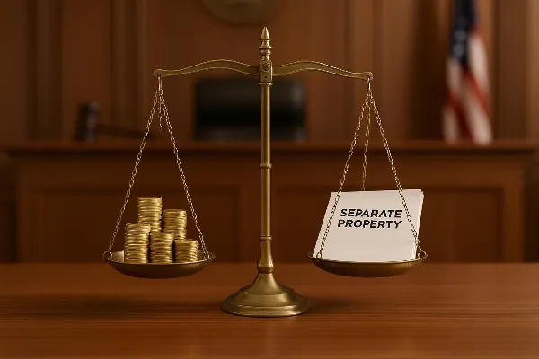 An image of a courtroom with a judge's bench in the background, symbolizing the legal process involved in asset division during Oregon divorce cases. In the foreground, there are two scales of justice placed on a table. One scale is filled with gold coins
