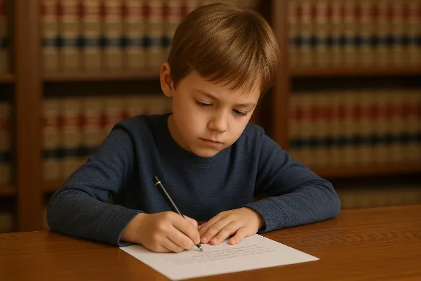 A young child sitting at a wooden desk, writing a letter with a focused expression. The background shows a blurred image of legal books on shelves, symbolizing the intersection of children's perspectives and legal processes in custody decisions. The child