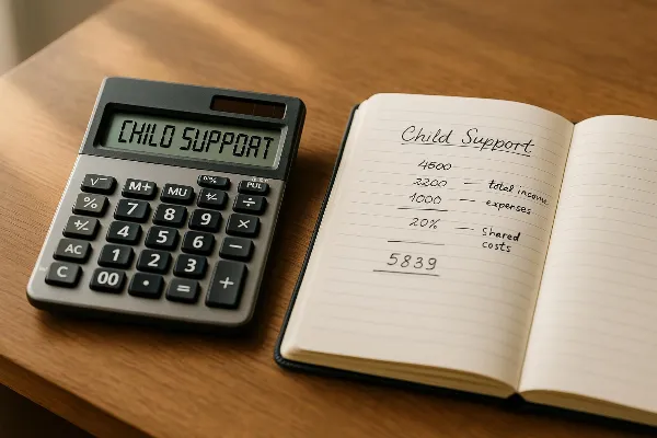 Image shows a close-up of a calculator and an open notebook on a wooden desk. The calculator displays numbers, symbolizing the calculation process involved in determining child support obligations. Beside it, the notebook is filled with handwritten notes