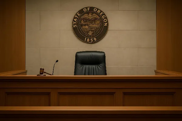 An image of a courtroom setting in Oregon, featuring a judge's bench with the state seal of Oregon prominently displayed on the wall behind it. The courtroom is empty, symbolizing the legal aspects and formalities involved in child support cases. The ligh