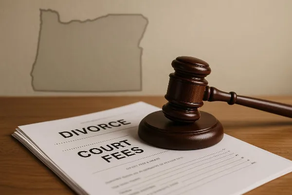 An image of a gavel resting on top of a stack of legal documents, symbolizing the legal proceedings involved in divorce cases. The documents are partially visible and include text that appears to relate to court filings and fees, reflecting the financial