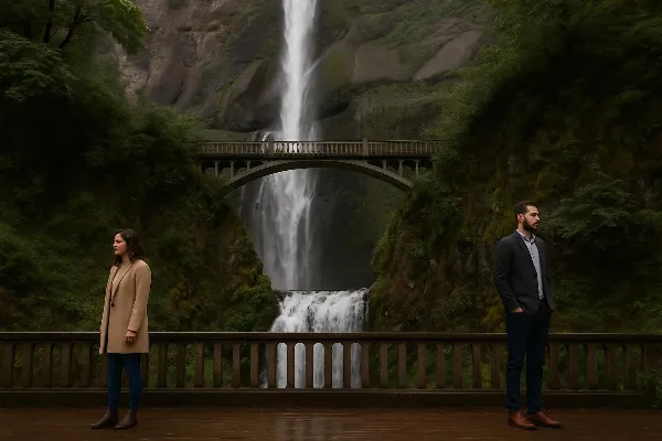 An image depicting a serene Oregon landscape, featuring the iconic Multnomah Falls surrounded by lush greenery. In the foreground, a couple is seen standing apart on either side of a wooden footbridge that crosses the waterfall's base, symbolizing separat