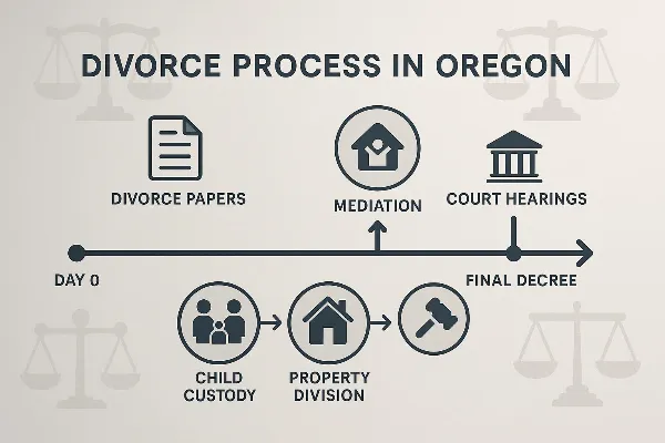 An illustration depicting a timeline of the divorce process in Oregon. The timeline starts at "Day 0" with the filing of divorce papers and progresses through various stages such as mediation, court hearings, and final decree issuance. Icons representing