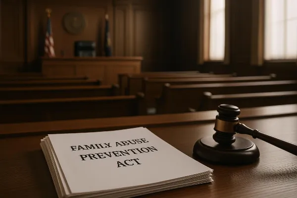 An image depicting a solemn courtroom setting with an empty judge's bench and rows of wooden pews. The room is softly lit, emphasizing the gravity and seriousness of legal proceedings. In the foreground, a stack of legal documents labeled "Family Abuse Pr