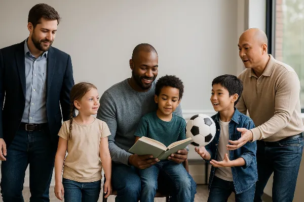 A diverse group of fathers with their children, symbolizing the evolving role of fathers in Oregon child custody cases. The image features a variety of family dynamics, including a father holding his child's hand, another father reading a book with his ch