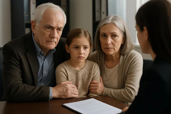 An elderly couple, both with gray hair, sit together on a cozy living room sofa, surrounded by framed family photos. The grandmother lovingly reads a colorful storybook to a young girl with curly hair who sits on her lap, listening intently. The grandfath