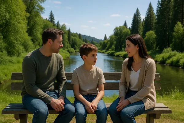 An image of a serene Oregon landscape, featuring a peaceful river flowing through lush greenery and tall trees under a clear blue sky. In the foreground, two parents are seated on a park bench with their child between them. They are engaged in conversatio