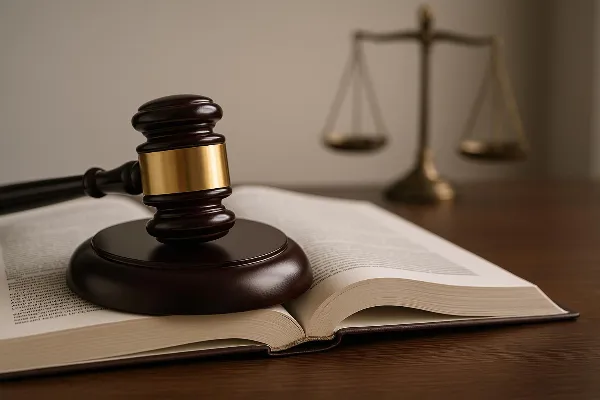 Image of a gavel resting on an open legal book, symbolizing the legal aspects of divorce proceedings in Oregon. The gavel represents the authority and rulings involved in family law cases, while the open book signifies the importance of understanding spec