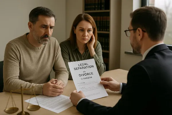 An image of a couple sitting at a table in a lawyer's office, looking contemplative and holding legal documents. The lawyer, seated opposite them, is explaining the differences between legal separation and divorce in Oregon, gesturing towards a brochure w