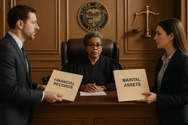 A courtroom scene in Oregon, with a judge seated behind a wooden bench, engaging with two attorneys representing opposing spouses in a divorce proceeding. The attorneys are presenting evidence folders labeled "Financial Records" and "Marital Assets," high