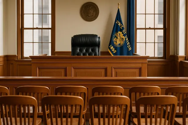 An image of a solemn courtroom setting, featuring a judge's bench and rows of empty wooden chairs. The Oregon state flag is displayed prominently in the background, symbolizing the jurisdiction where marriage annulment laws are applied. The room is well-l