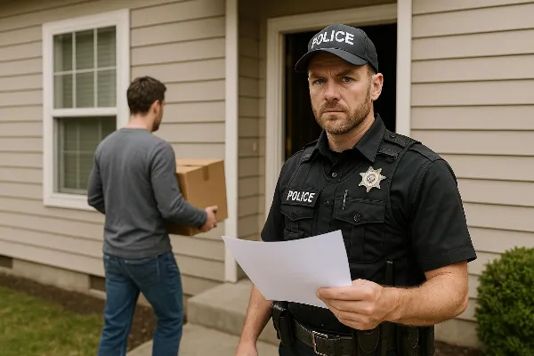 Image of a serious-looking law enforcement officer in uniform standing beside a family home, holding a document. The officer is accompanied by an individual who appears to be retrieving personal items from the house, watched closely by the officer. This s
