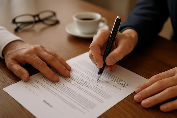 A close-up image of two hands signing a legal document on a wooden desk. One hand holds a pen poised over the paper, while the other rests beside it, suggesting collaboration and agreement. A pair of reading glasses and a cup of coffee are visible in the