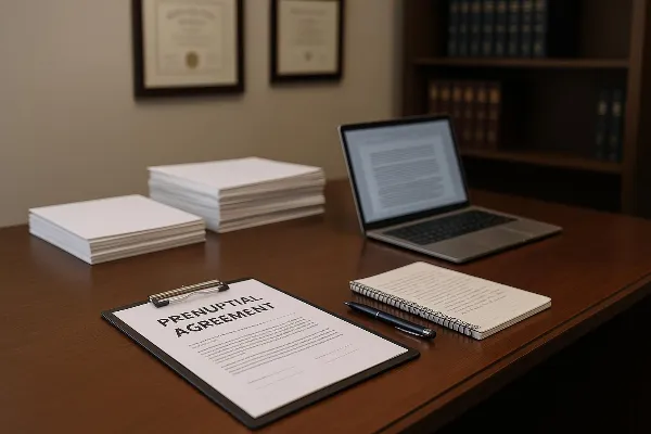 An image of a professional attorney's office, featuring a sleek wooden desk with organized stacks of legal documents related to prenuptial agreements. A laptop displaying legal research is open beside a notepad filled with handwritten notes. In the backgr